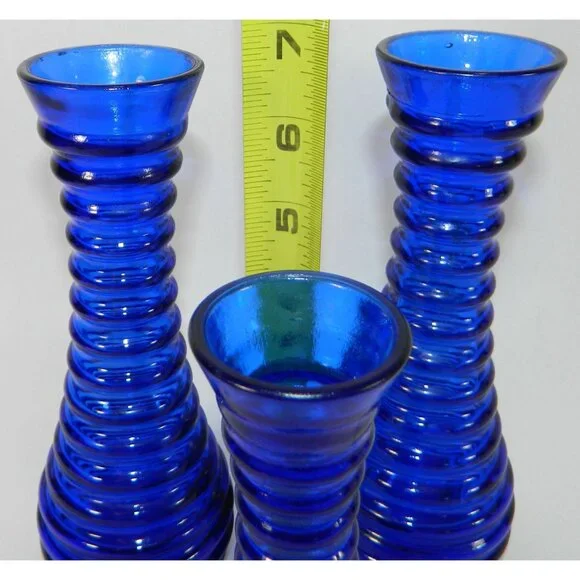 Cobalt Blue Ribbed Glass Vases Depression Glass Beehive Bud Vases Set Of 3 - Picture 2 of 13
